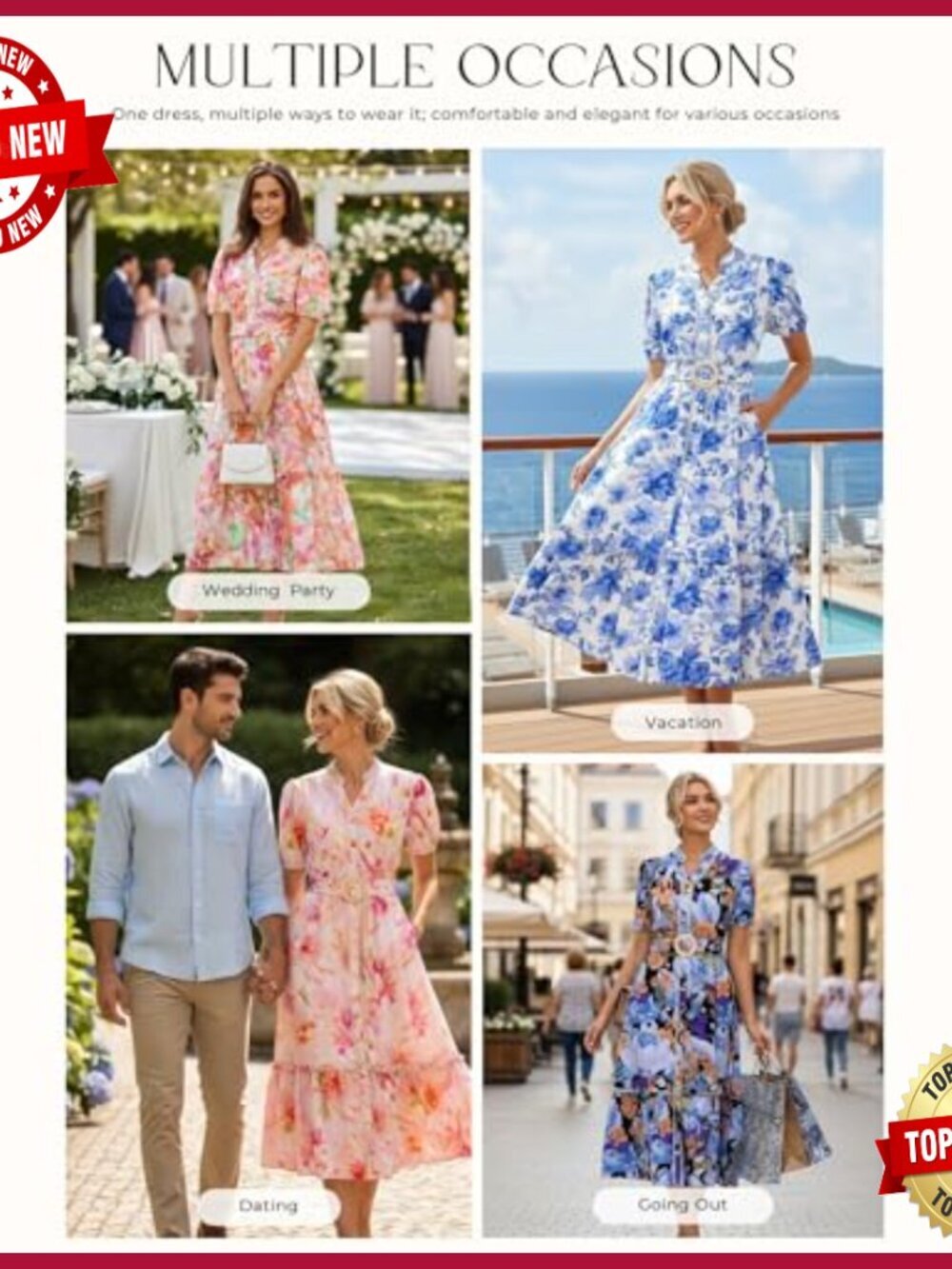 Floral Maxi Dress with Pockets & Belt, Puff Sleeves, Casual Boho Style - Picture 2 of 7